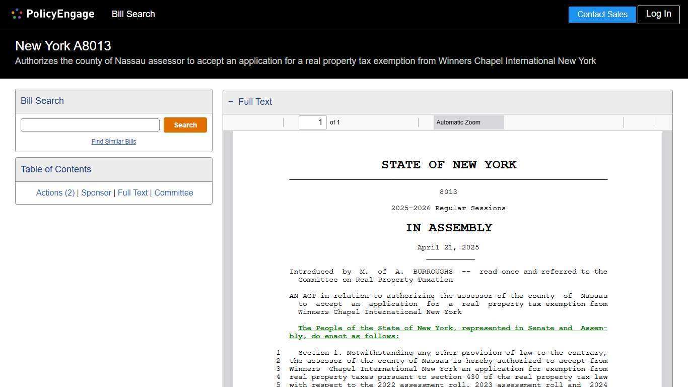 A8013 | New York 2025-2026 | Authorizes the county of Nassau assessor to accept an application for a real property tax exemption from Winners Chapel International New York - Legislative Tracking | PolicyEngage