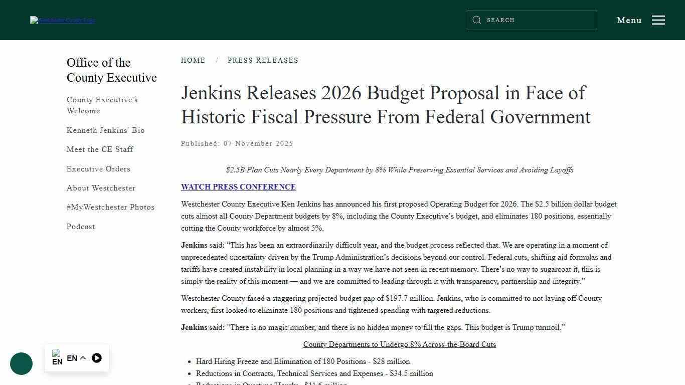Jenkins Releases 2026 Budget Proposal in Face of Historic Fiscal Pressure From Federal Government