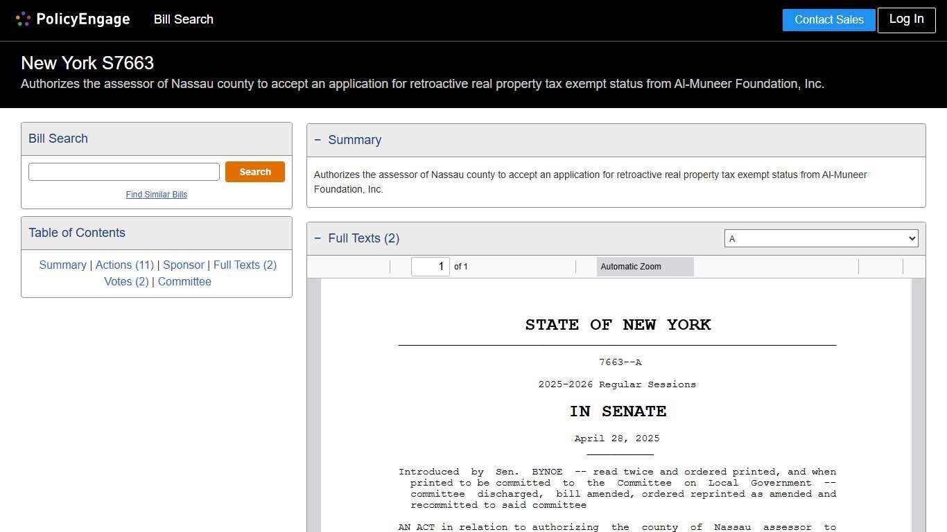 S7663 | New York 2025-2026 | Authorizes the assessor of Nassau county to accept an application for retroactive real property tax exempt status from Al-Muneer Foundation, Inc. - Legislative Tracking | PolicyEngage