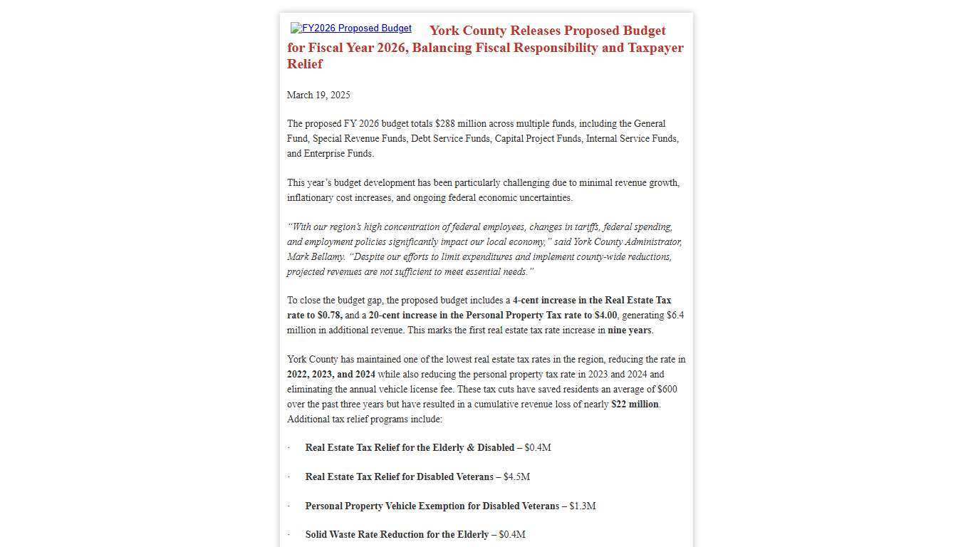 York County Releases Proposed Budget for Fiscal Year 2026